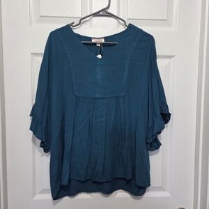 ANDREE By Unit V-neck Flowy Peasant Ruffled Short Sleeve Teal Blouse Size Small